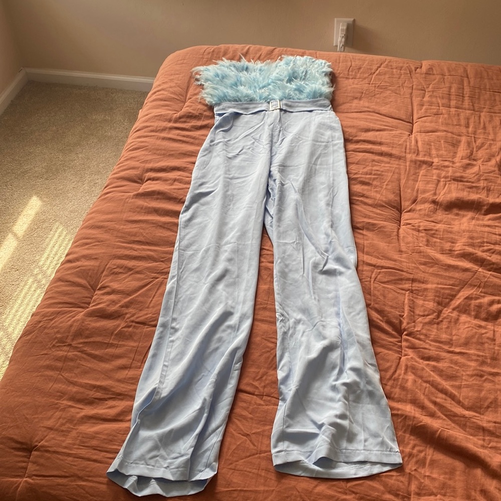 Blue feathered jumpsuit size small never been worn